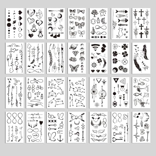 28 Sheets 100+ pcs Minimalism Line Art Small Black Temporary Tattoo, Heart Arrow Butterfly Cross Feather Key Suit for Finger Hand Neck Face
