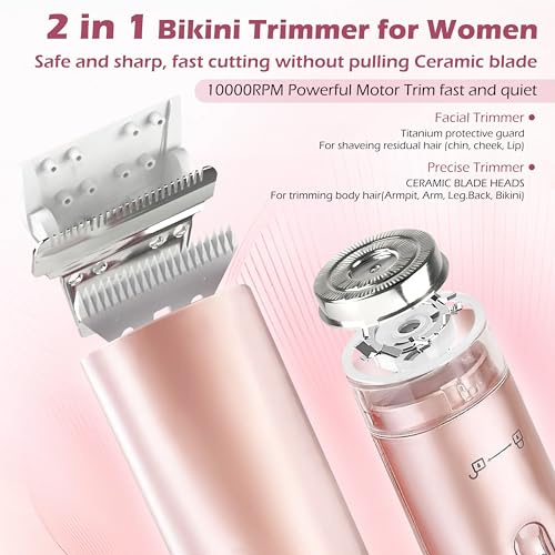2 in 1 Women Electric Shaver Dual Head Bikini Trimmer for Women IPX7 Waterproof Wet & Dry Use Body Hair Trimmer and Facial Hair Remover Body Shaver for Bikini Underarm Leg Arm Body Face