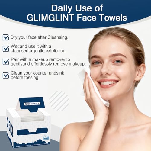 GLIMGLINT Face Towels£¬200 Count (4 Box) Disposable Face Towelettes, Biodegradable Makeup Remover Dry Wipes, Super Soft Clean Facial Towels Wash Cloth for Sensitive Skin