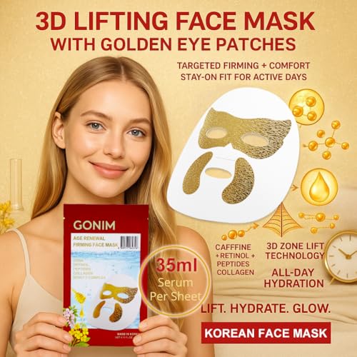 GONIM Korean Face Mask with Integrated Eye Patches with Salmon DNA PDRN, Collagen Peptides, Caffeine & Retinol, Hyaluronic Acid Serum Sheet Mask & Eye Mask Korean Skin Care Anti Aging 35ml/1.18oz x 8