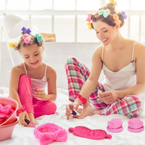 54Pcs Kids Foot Spa Party Supplies for Girl Spa Party Favors 6 Washbasin 6 Tote Bags 6 Hand Towels 6 Toe Separators 6 Hair Scrunchies 6 Hairband 6 Slipper 6 Eye Mask 6 Nail File(Rose Red)