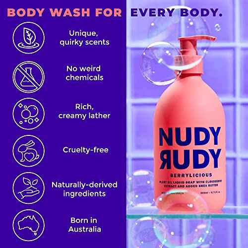Nudy Rudy 3 Pack Liquid Body Wash Bundle Sea Salt Suds Berrylicious and Hunny Bunny Aloe Manuka Honey Vitamin E Moisturizing Shower Gel Body Wash Skin Care Men and Women 16.9 fl oz
