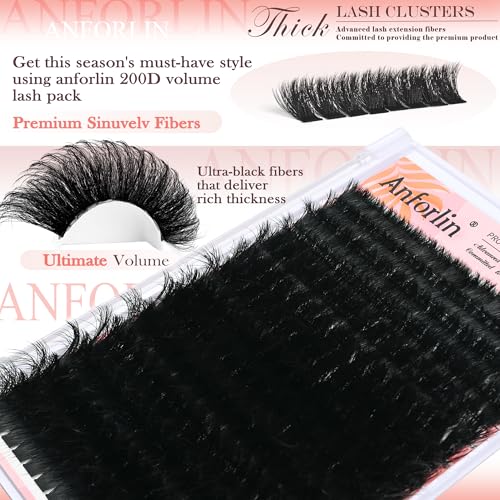 Lash Clusters Kit 10-20mm Thick 200D Cluster Eyelash Extensions 224 Pcs D Curly Mega Volume Eyelash Clusters False Eyelashes with Lash Bond and Seal Lash Tweezers DIY at Home, by Anforlin