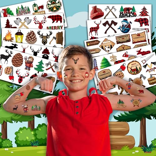 96PCS Lumberjack Temporary Tattoos Themed Woodland Camping Hunting Birthday Party Favors Decorations Supplies Buffalo Plaid Bears Stickers Gifts For Boys Girls Kids School Prizes Carnival Christmas