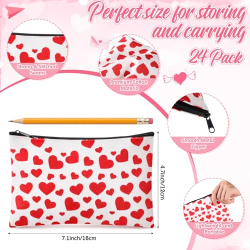 24 Pcs Valentine's Day Makeup Bags Bulk Galentine's Day Gifts for Women Canvas Cosmetic Bags with Zipper Heart Pink Stripes Plaid Wave Patterns Bag Valentine's Party Favors
