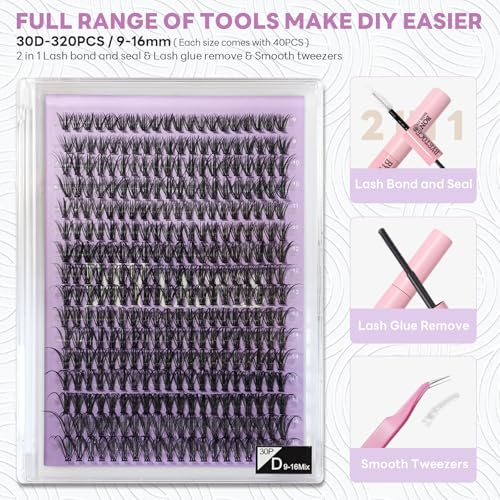 Lash Extension Kit 320Pcs Natural Wispy Eyelash Clusters 9-16MM 30D Fluffy Lashes Clusters Individual Fake Eyelashes Clusters Kit with Lash Bond and Seal, Lashes Extension DIY at Home