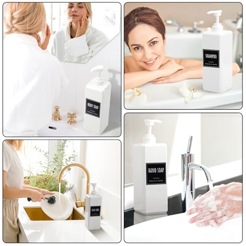 Segbeauty 33.8oz Square Plastic Soap Dispenser Refillable, 3pcs Large Empty Soap Dispenser Bathroom Kitchen, White 1000ml Shampoo Pump Bottle Set, Lotion Body Wash Hand Wash Bottles with Labels