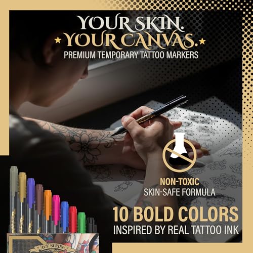 Tattoo Pen Kit for Skin ? 10 Temporary Tattoo Markers with Dual Tips & 20 Stencils, Body-Safe Ink for Face, Hands & Arms ? Fun Body Art Pens for Kids, Teens, Parties, Festivals & Costume Design