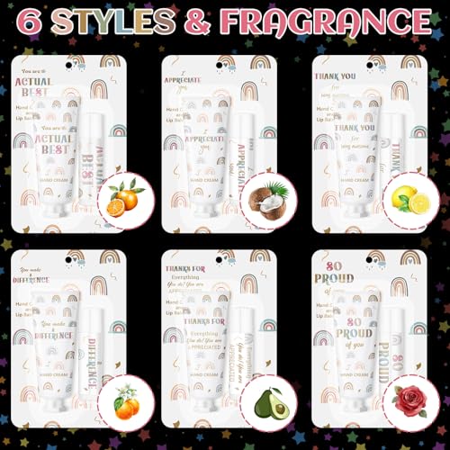 Loopeer 24 Set/ 48 Pcs Teacher Appreciation Gift Bulk Boho Rainbow Lip Balm Hand Cream Lotion Set Small Thank You Gifts Party Favors for Women Employee Coworker Staff Galentine's Day
