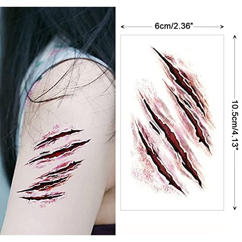 Face Body Horror Realistic Fake Scar Scab Waterproof Temporary Tattoos Sticker Halloween Fool's Day Zombie Masquerade Prank Makeup Props for Kids Adult Fun (8 Sheets)