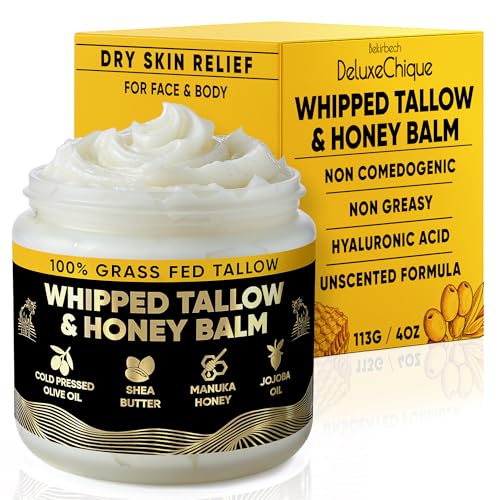 Beef Tallow Face Moisturizer ? Whipped Tallow & Honey Balm with Hyaluronic Acid, Manuka Honey, Aloe & Green Tea ? Unscented Natural Skin Cream for Dry or Sensitive Skin ? 4oz