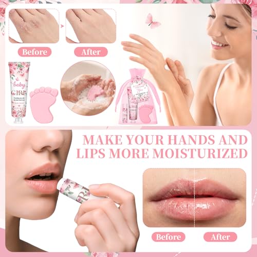 Loopeer 30 Set/150 Pcs Pink Flowers Baby Shower Favors for Guests Gifts Hand Cream Lip Balm Soap Party Favors Gifts Travel Size with Organza Bags, Thanks You Card for Baby Shower Birthday Wedding