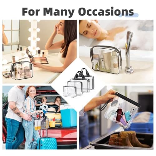 ABSOFINE Clear Toiletry Bag for Travel Size Toiletries, 4 Pack Large Waterproof PVC Makeup Bags with 2 Pack Airport Security Liquids Bags, Travel Essentials toiletry Bottles for Women Girls Men