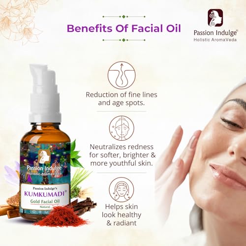 Passion Indulge Kumkumadi Gold Tailam for Face | Radiant & Revitalizes Skin ? Ayurvedic Face Oil with Saffron, Vetiver, Essential Oils & 16 Herbs | Reduces Dark Spots & Signs of Aging ? 0.33 fl oz