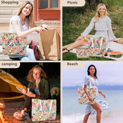 Aesthetic Floral Canvas Tote Bag Makeup Bag Set Flower Decor Gifts for Women Girls Daughter Friend Bestie Vacation Travel Work Birthday Christmas Reusable Shopping Grocery Bags Travel Cosmetic Bags