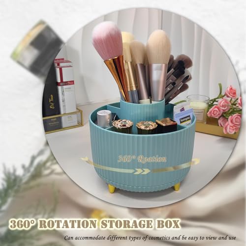 360 Rotating Makeup Brush Holder, Makeup Desk Organizer with 5 Slots Cosmetic Brushes Storage,Makeup Organizer for Vanity, Bedroom Decor, Bathroom Organizer (Blue)