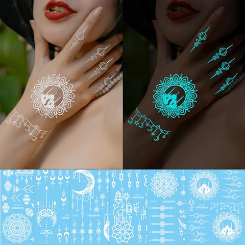 6 Sheets Henna Tattoos Temporary Stickers Waterproof Sexy Women Body White Party Masquerade Halloween Night Fluorescence Lotus DIY Face Arms Legs Art Decoration