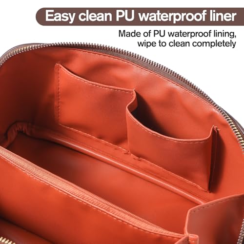 Structured Leather Makeup Bag for Women, Wide Opening Travel Cosmetic Case, Large Capacity Box Style Toiletry Organizer with Brush Compartment, Brown(Brown, Lychee Grain)