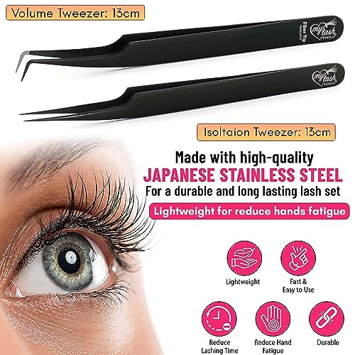 My Lash Tools Fiber Tip Lash Tweezers for Eyelash Extension Curved 90 Degree Angle Boot Tweezer Best for Volume, Individual Isolation & Classic Lashes Stainless Steel Lash Supply (Black 2x Set)