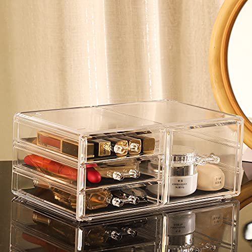 Cq acrylic 1 Pack Clear Stackable Storage Drawers for Vanity,Stackable 4 Drawers Desktop Organizer With Drawers,Cute Desk Storage for Office,Jewelry,Hair Clip,Beauty,Skincare and Make Up Organizers