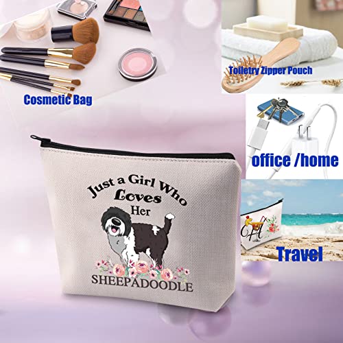PXTIDY Sheepadoodle Dog Lover Gift Just a Who Loves Her Sheepadoodle Dog Mom Makeup Pouch Doodle Owner Zipper Cosmetic Bag (beige)