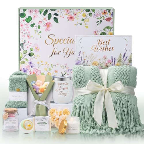 Birthday Gifts for Women, 11 Pcs Sage Green Self Care Package Get Well Soon Gift Baskets, Inspirational Thinking of You Thank You Gift with Bath Spa Gift Set - Unique Gifts for Women