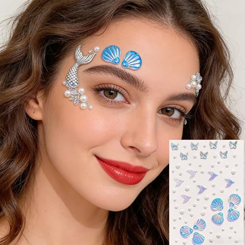 140 pcs Mermaid Face Gems & Seashell Rhinestones -Waterproof Self-Adhesive Face Jewels for Festival, Rave, Cosplay, Body Art (Pearl & Glitter) - Beach Party, Birthday, Carnival Makeup Accessories