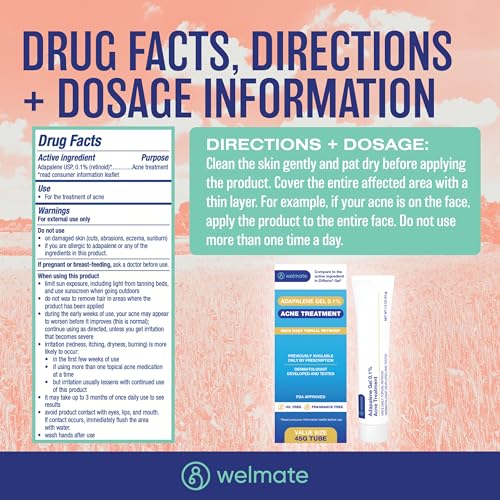WELMATE - Adapalene Gel 0.1% - Acne Treatment - Skin Care - Daily Topical - Acne Skincare - Pimple Cream - Acne Cream - Oil & Fragrance Free - 1.6oz / 45g