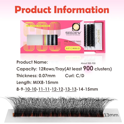 Premade 10D Lash Extensions, 900+ Pieces 0.07mm C Curl MIX8-15mm 12 Rows/Tray Large Quantity, Natural Soft Lightweight Eyelashes Grafting for Lash Artists, Beauty Salon(Black-0.07-C-MIX8-15mm)