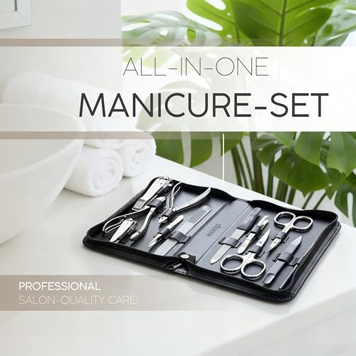 Manicure Set Women and Men ? 12-Piece Professional Grooming Kit with Premium Tools, Genuine Leather Case, and Exclusive Glass Nail File for Hand & Foot Care, German Quality
