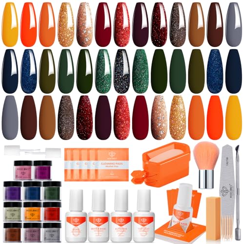 Modelones Christmas Dip Powder Nail Kit 20 Colors, Red Green Brown Orange Glitter Dipping Powder Starter Set Base&Top Activator Liquid French Nail Art Salon DIY Kit Gifts for Women