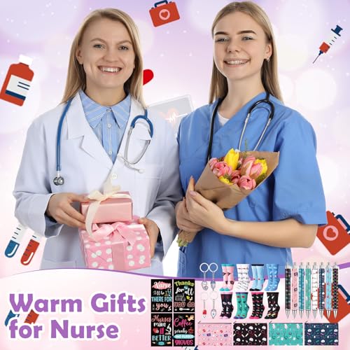 Fulmoon 40 Pcs Nurse Appreciation Gifts Thank You Gifts Bulk Novelty Socks Makeup Bags Keychains Notebooks Ballpoints(Colorful, Nurse)