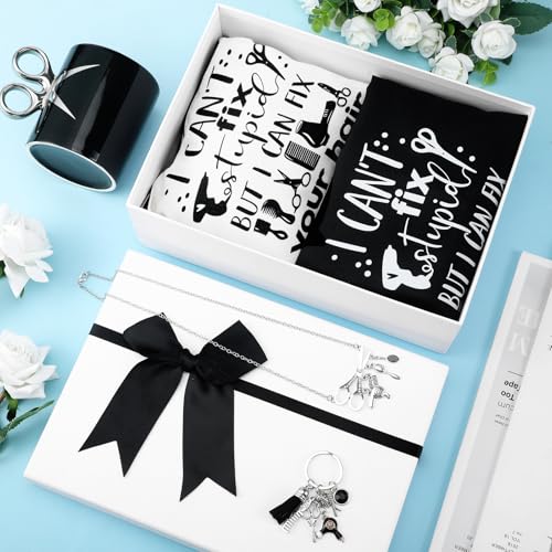 Coume 6 Pcs Hairdresser Gifts Set for Women Christmas Appreciation Gifts Includes Hair Stylist Mug Apron Makeup Bag Scissors Charm Keychain and Gift Box for Hairstylist Inspirational Gift