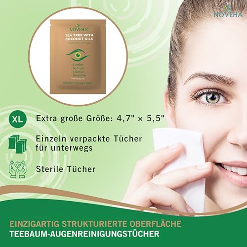 NOVEHA 60PCs Tea Tree & Coconut Oil Eyelid & Lash Wipes - For Demodex, Blepharitis & Itchy Eyes, Individually Wrapped Eyelash Wipes With Aloe Vera, Natural Makeup Remover & Daily Eye Cleanser
