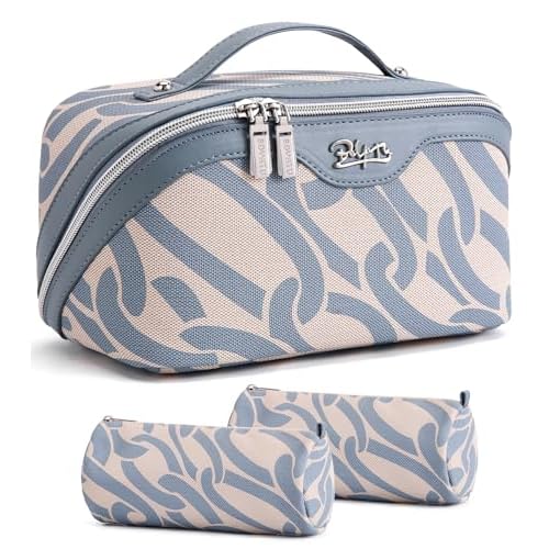 BOYATU Travel Makeup Bag for Women: Large Capacity 3-Piece Cosmetic & Toiletry Organizer - Expands Storage by 50% with 2 Detachable Pouches,Opens Flat for Easy Packing,Waterproof PU Leather(Blue)