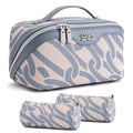 BOYATU Travel Makeup Bag for Women: Large Capacity 3-Piece Cosmetic & Toiletry Organizer - Expands Storage by 50% with 2 Detachable Pouches,Opens Flat for Easy Packing,Waterproof PU Leather(Blue)