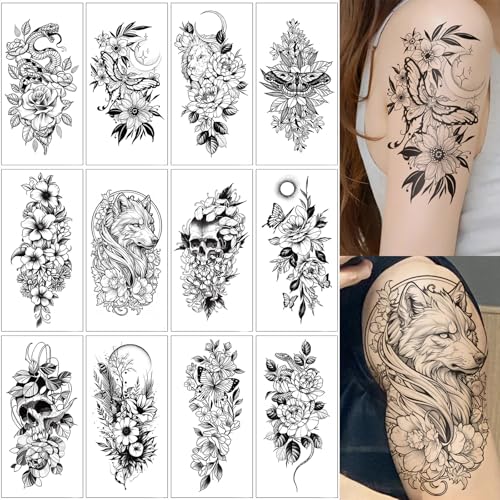 12 Sheets Temporary Tattoo for Men Women Adults, Black 3D Half Sleeve Temporary Tattoos, Halloween Large Fake Tattoos Flower Scary Lion Wolf Butterfly Skull Skeleton Tattoos Stickers Q1015