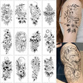 12 Sheets Temporary Tattoo for Men Women Adults, Black 3D Half Sleeve Temporary Tattoos, Halloween Large Fake Tattoos Flower Scary Lion Wolf Butterfly Skull Skeleton Tattoos Stickers Q1015