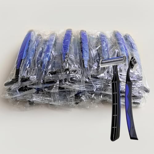 Individually Wrapped 3 Blades Razors Bulk, Travel Size Disposable Manual Razors with Stainless Steel Blade (Blue) (100)