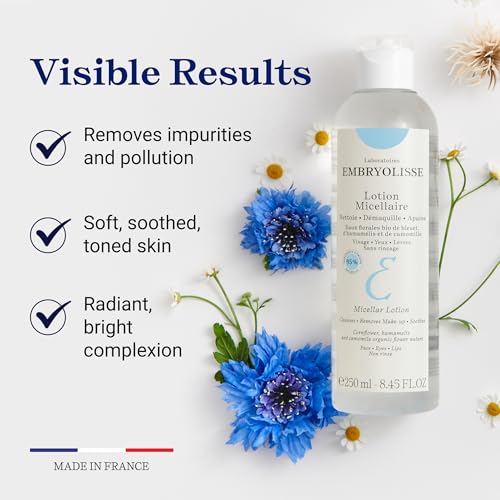 Embryolisse Micellar Lotion Makeup Remover for Sensitive Skin, Gentle Cleansing and Toning Floral Water with Chamomile, Cornflower & Witch Hazel, No-Rinse