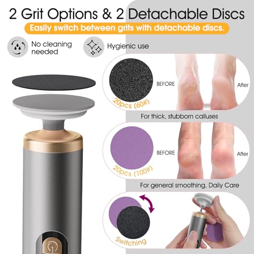 Electric Foot Callus Remover with Adjustable Speed Dial, Rechargeable Pedicure Tools for Feet with Powerful Motor for Dead Skin & Cracked Heel,Electric Foot File with 2 Detachable Discs