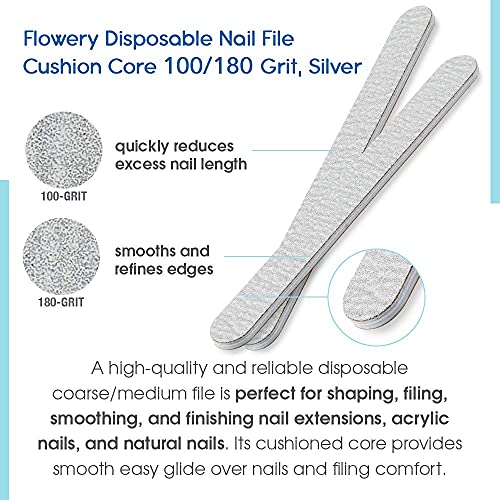 Flowery Nail File 100/180 Grit ? Double-Sided Emery Boards Nail File for Natural Nails and Acrylic Nails, Cushion Core, Silver, 100 Pack