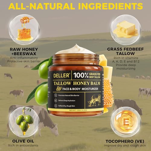 4.2 OZ Beef Tallow for Skin Face, Grass Fed Beef Tallow with Honey Bee Venom Cream Natural Tallow and Honey Balm, Deep Hydration Tallow Face Moisturizer for Dry, Sensitive & All Skin Types