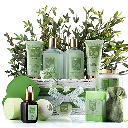 Tea Tree Bath Set - Luxury Home Spa Set with Calming Mint Fragrance ? 15 pc Relaxation Gift Basket with Tea Tree Bath Oil,Shower Gel, Bubble Bath, Handmade Soap, Steamer Tablet, Potpourri & More