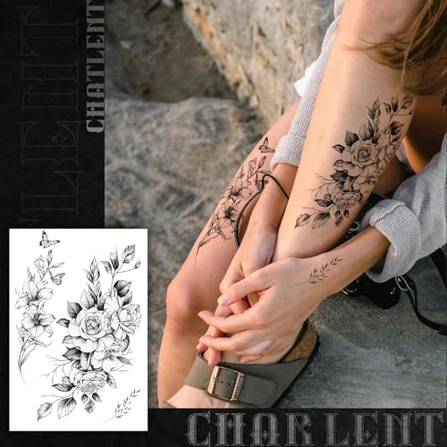 Realistic Flower Temporary Tattoos for Women - 9 Large Sheets Flower Rose Tattoos For Women Body Art Arm Chest Legs Shoulder