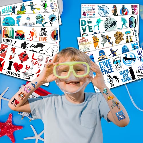 96PCS Cool Scuba Diving Temporary Tattoos Ocean Summer Beach Birthday Party Favors Decorations Supplies Decor Underwater Sports Tattoo Stickers Gifts For Kids Diver Boys Girls School Prizes Carnival