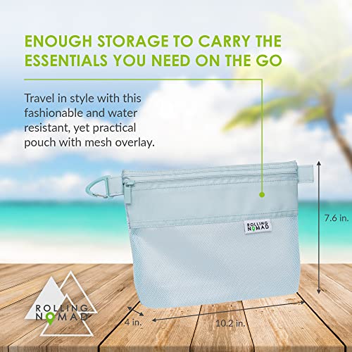 Rolling Nomad 10.2x7.6x0.4 Waterproof Travel Pouches, Light Blue Medium Mesh Zipper Pouch for Travel, Pencil, Toiletry Bags, Cosmetics, Organizer, Luggage