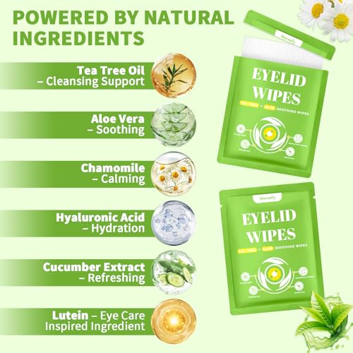 80 Pcs Eyelid Wipes with Tea Tree Oil, Individually Wrapped Eye Lid Cleansing Wipes for Sensitive Eyes, Alcohol-Free Daily Eyelid Cleanser & Gentle Eye Care