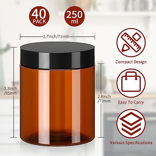 Tanlade 40 Pcs 8 oz Plastic Jars with Lids Round Cosmetic Containers Refillable Containers for Powder Liquid Food Storage Kitchen Cosmetic Lotion Ointments Creams Essential Oil(Amber)