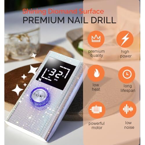 Cordless Nail Drill Machine ,OBEEGOO Diamond Surface Rechargeable Nail Drill 35000RPM Portable Electric E File Electric Acrylic Nail File Tools for Gel Nail ,Nail Beauty Salon (Diamond)